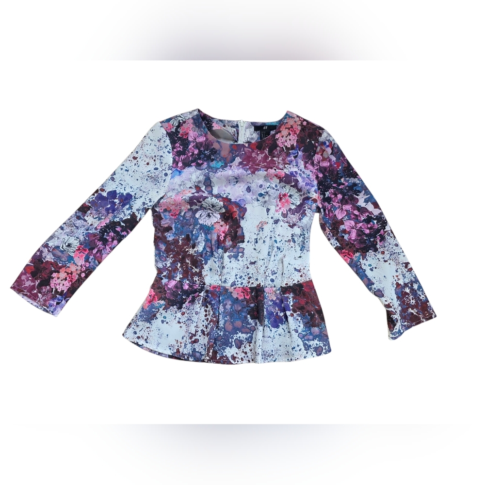 H&M Floral Watercolor Print Long Sleeve Peplum Blouse Size 2